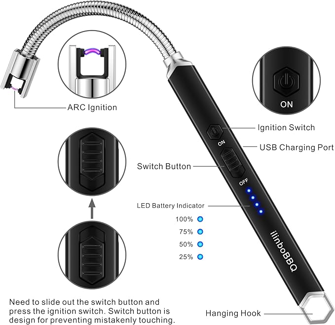 iinboBBQ Lighter Electric Lighter Rechargeable USB Candle Lighter with LED Battery Display Arc Lighter with Flexible Neck Flameless Long Lighters for Candles Grill BBQ Camping (Black)