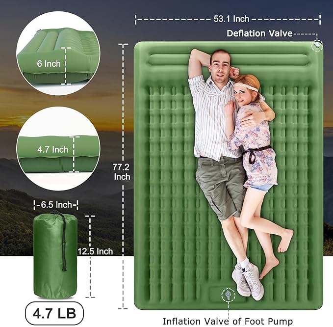Double Sleeping Pad, 4.7 Inch Extra Thick Comfort Sleeping Mat for Backpacking Hiking Outdoor, Queen Camping Air Mattress with Built in Foot Pump, Compact Inflatable Camping Mat with Pillow