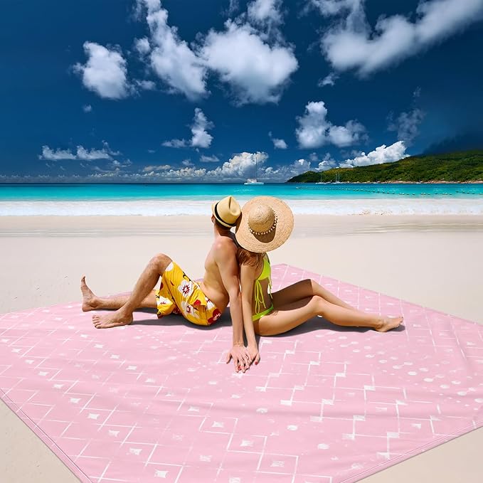 Beach Blanket Waterproof Sandproof, 110''×118'' Extra Large Beach Mat for 8 Adult, Pink Polyester Picnic Blankets w/Stakes, Compact Quick Drying Outdoor Blanket for Travel, Camping, Hiking