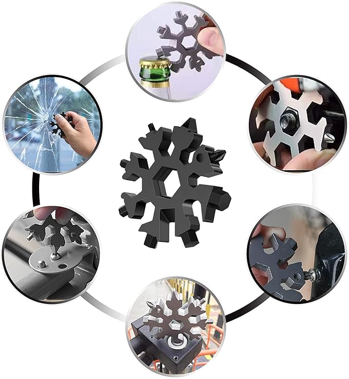 Snowflake Multitool,18-in-1 Stainless Steel Snowflake Tool, Snowflake Wrench Screwdriver with Key Ring,Carabiner Clip (Black)