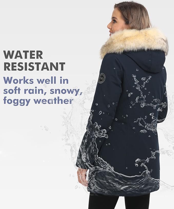 PUREMSX Duck Down Winter Coat for Women Insulated Long Thick Fur Hood Puffer Warm Parka Jacket
