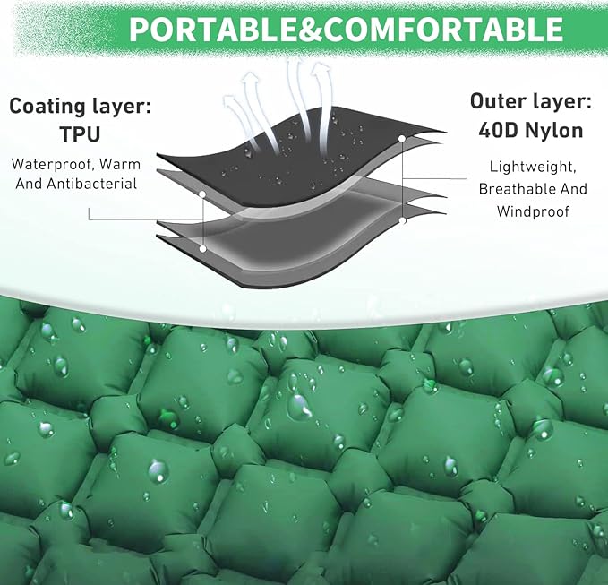 DDD Ultra-Light Inflatable Camping Sleeping Pad with its Built-in Foot Pump and Pillow - The Ultimate Camping pad, Hiking pad, Backpacking Pad and Lightweight for a Outdoor Sleep——Green