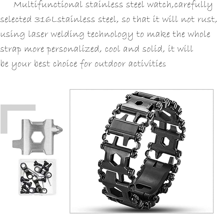 Stainless Tool Bracelet for Men Compatible for LEATHERMAN TREAD and Watch Band 29 in 1 Survival Hiking Camping Travel Friendly Multitools Wearable Bracelet