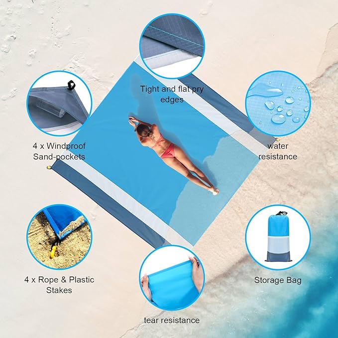 Beach Blanket Sandproof Waterproof, Large Beach Mat Lightweight Portable Quick Drying for Picnic Camping Hiking Travel Beach Accessories (1, BlueWhiteGrey, 83x79 Inches)