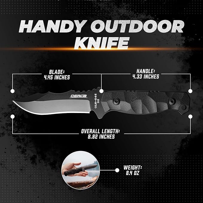 OERLA TAC OLK-D46 Outdoor Knife Fixed Blade Camping Hunting Survival Field Knife D2 High Carbon Full Tang Steel Blade with Kydex Sheath and EDC Tactical Belt Clip