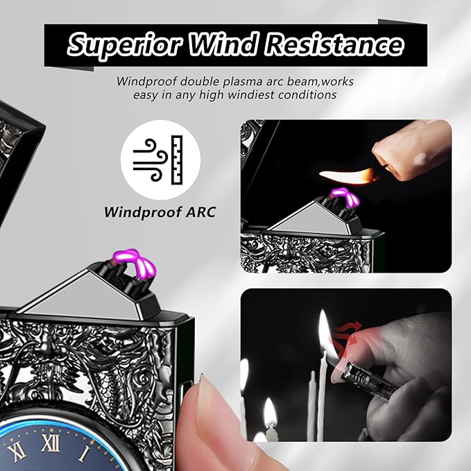 Plasma Lighter Dragon Lighter Windproof USB Rechargeable Electric Lighters Luxury Metal Lighter with Watch, Suitable for Gifts(Black)
