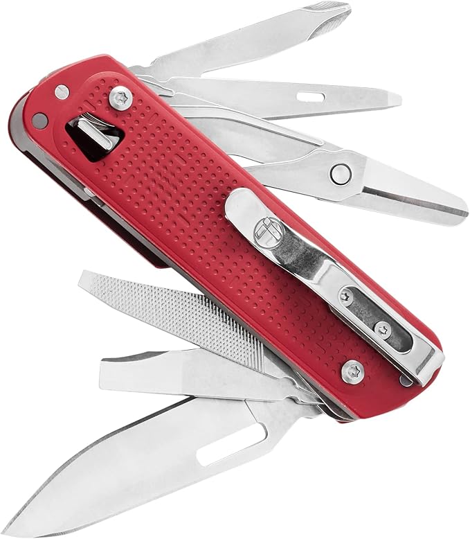 LEATHERMAN, Free T4 Multitool and EDC Knife with Magnetic Locking and One Hand Accessible, Built in The USA, Stainless, Crimson