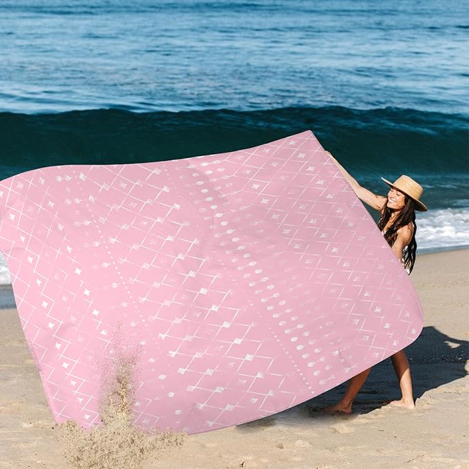 Beach Blanket Waterproof Sandproof, 110''×118'' Extra Large Beach Mat for 8 Adult, Pink Polyester Picnic Blankets w/Stakes, Compact Quick Drying Outdoor Blanket for Travel, Camping, Hiking