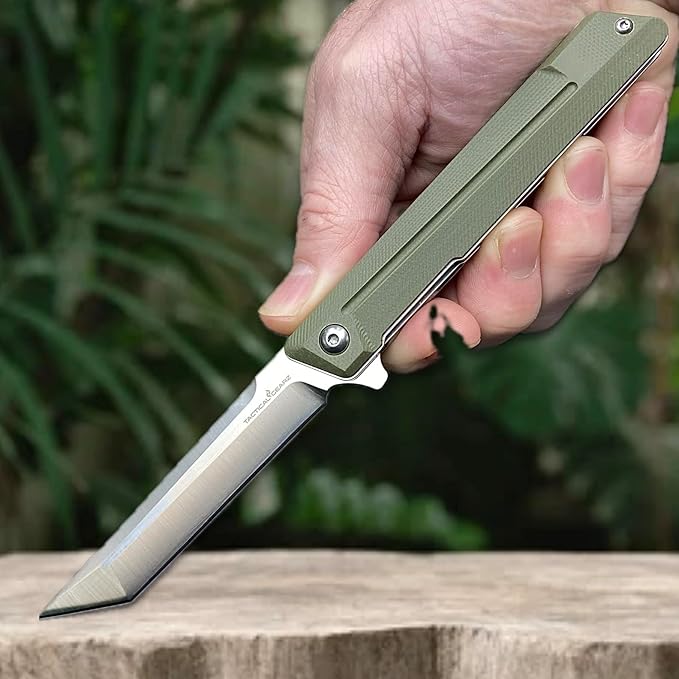 TACTICAL GEARZ EDC Pocket Folding Knife with G10 Handle - Tanto D2 Steel Blade, Nyx ST (Olive Beast Bundle)