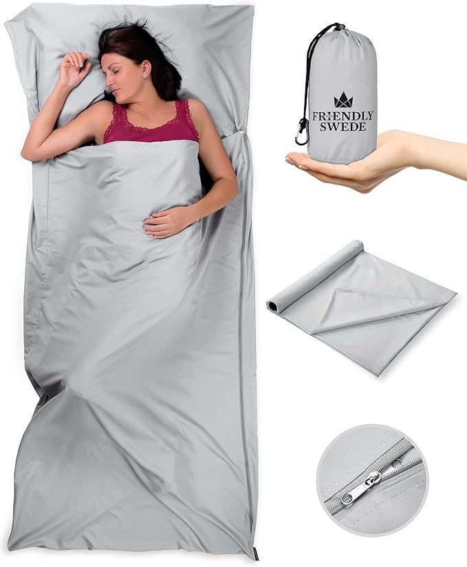The Friendly Swede Sleeping Bag Liner - Cold Weather Camping Sheets & Adult Sleep Sack with Full Length Zipper; Microfiber Soft Travel Sheets for Hotel with Stuff Sack - Grey (Zipper)