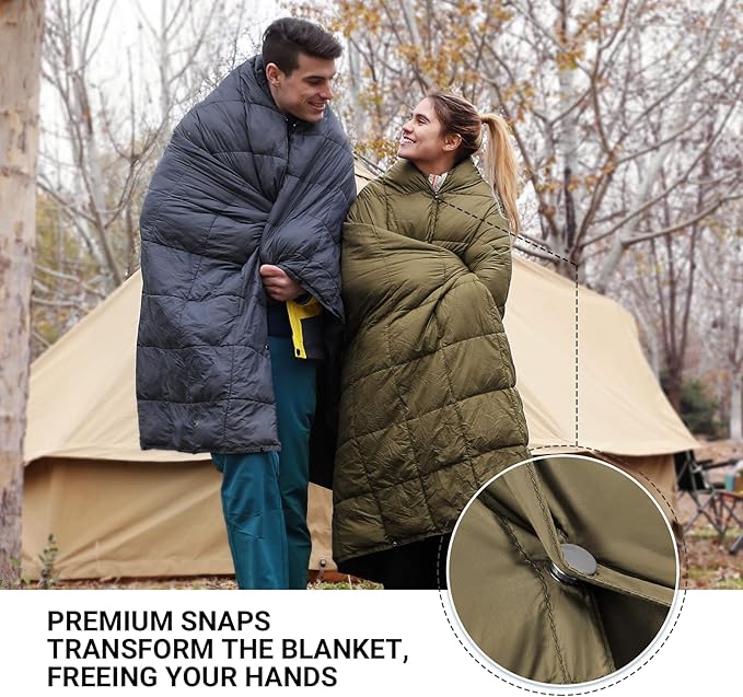 KingCamp Lightweight Camping Blanket, Multifunctional Wearable Warm Compact Water-Resistant Blanket for Cold Weather, Travel, Outdoor, Hiking, Backpacking, Stadium, 620 FP, Olive