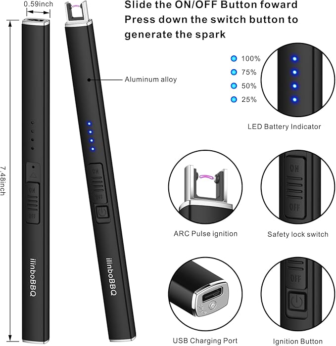 Lighter Electric Candle Lighter with LED Battery Display USB Rechargeable Lighter Windproof Flameless Long Lighters for Candle BBQ Camping (Black