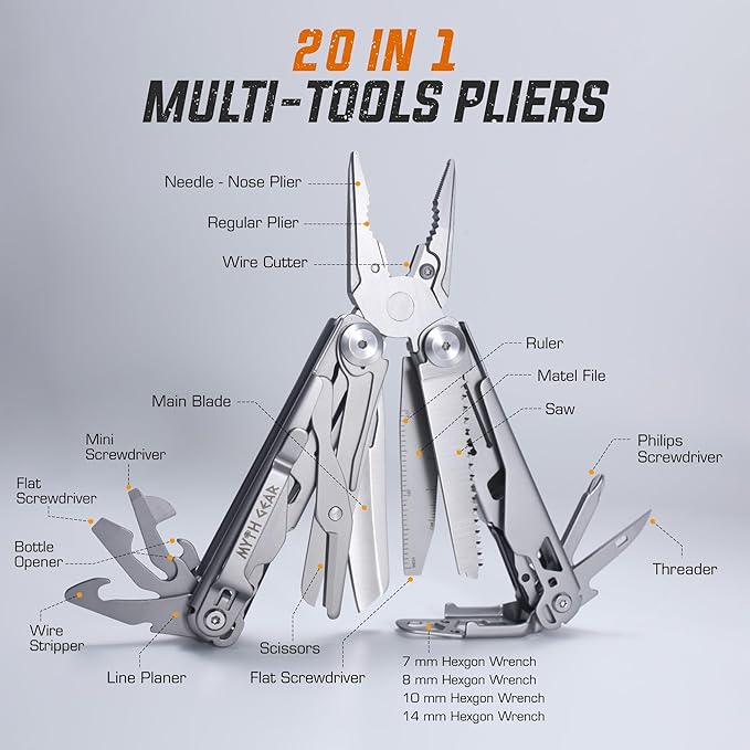 Multitool 20-in-1 Pliers and Knife Set - Ultimate Portable, Multipurpose Gear with Pocket Clip, Nylon Bag, and Safety Lock - Perfect for Home, Outdoor, Camping, Hiking, DIY, and Professional Use
