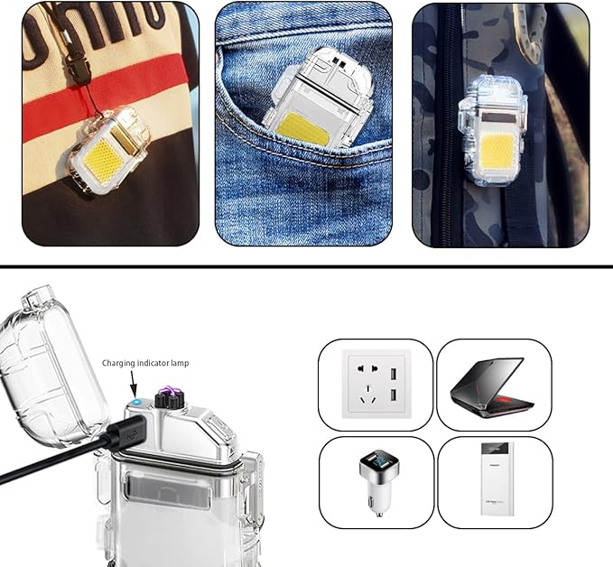 Outdoor Arc Electric Lighter USB Rechargeable Lighter LED Flashlight Double Arc Plasma Lighter Perfect for Camping Hiking Traveling (Silver)