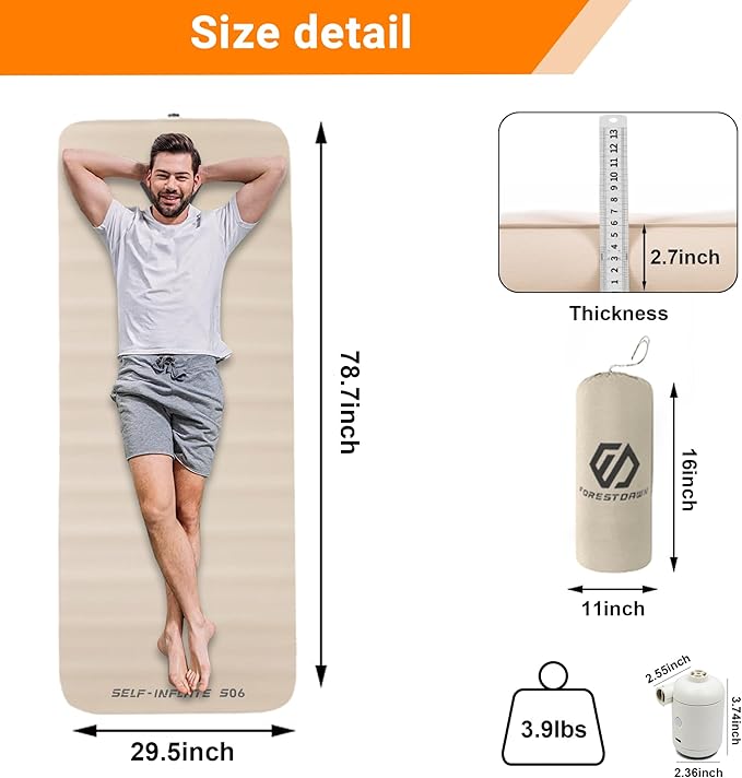 Self Inflating Sleeping Pad, 2.7" Extra Thick Memory Foam Camping Pad, 60S Fast Air Self Inflating Camping Mattress Pads, 4 Season Sleeping Mat for Camping Rooftop Tent Car Truck Van