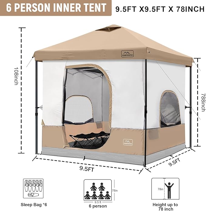KAMPKEEPER 6 Person Camping Tent, 10x10 Pop Up Canopy Tent with Camping Inner Tent, Converts 10'x10' Straight Leg Canopy into Camping Tent–Fully Vented Roof(Canopy & Frame Included)