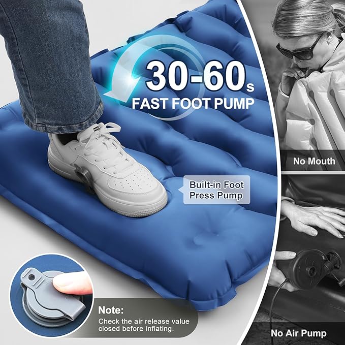 Sleeping Pad for Camping, 50D Inflatable Camping Mat with Pillow Built-in Foot Pump Sleeping Mat Waterproof Compact and Portable Camping Mattress for Backpacking Hiking Traveling Road Trip Tent