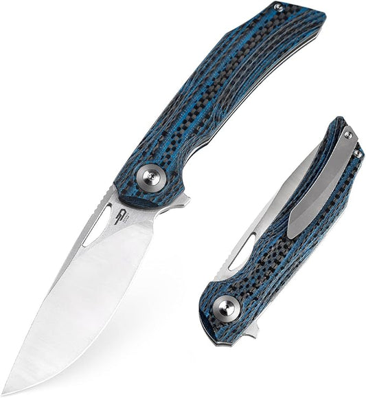BESTECH KNIVES Pocket Folder Folding Knife: 3.54" 154CM Steel Satin Blade, Carbon Fiber and G10 Scales, Flipper, Liner Lock, EDC Titanium Clip, BL01B (Black Blue)
