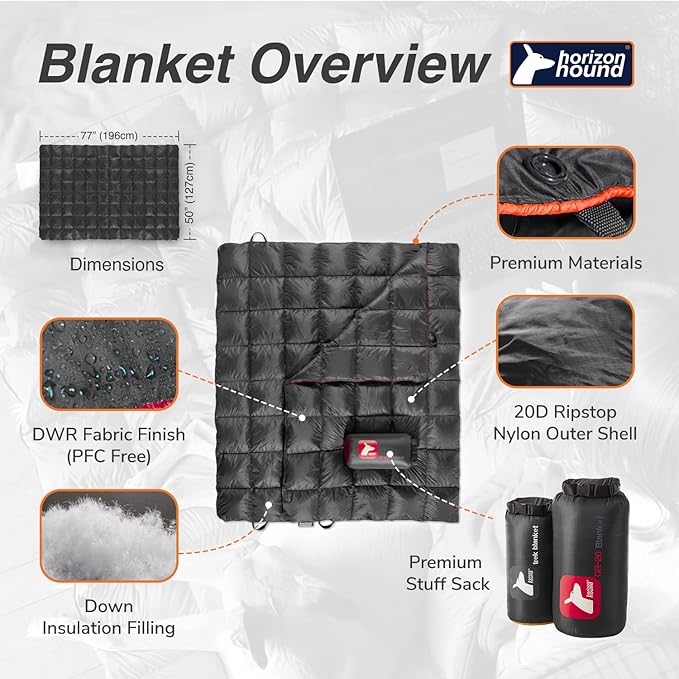 Horizon Hound Down Camping Blanket - Outdoor Travel Blanket | Sustainable Insulated Down | Lightweight & Warm Quilt for Camping, Stadium, Hiking & Festival | Water Resistant, Packable & Compact