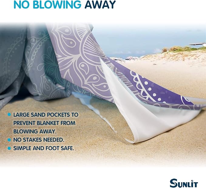 Sunlit Silky Soft 106"x81" Boho Sand Proof Beach Blanket Sand Proof Mat with Corner Pockets and Mesh Bag for Beach Party, Travel, Camping and Outdoor Music Festival, Blue Purple Mandala