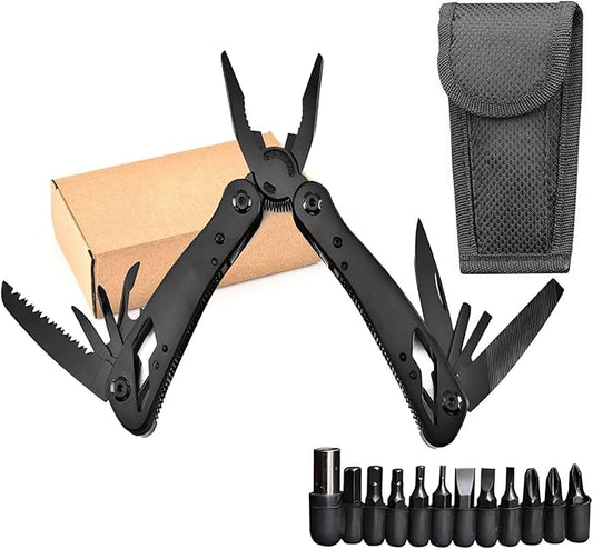 Multitool with Stainless Steel Pliers - Mini Folding Tool for Outdoor Camping, Survival, Portable and Multi-Purpose Use, Vehicle-Mounted Emergency Equipment with Wrench - Black