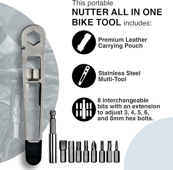THE NUTTER All in One Bike Tool - Portable Bike Repair Kit with Cycling Multitool and Brown Leather Pouch - Specialized Bike Accessories, Bike Tools - Emergency Biking Gear for All Types of Bicycles