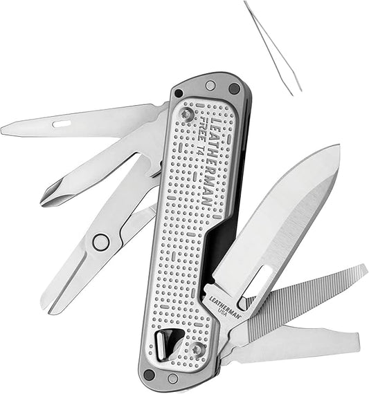 LEATHERMAN, FREE T4 Multitool and EDC Knife with Magnetic Locking and One Hand Accessible, Made in the USA, Stainless