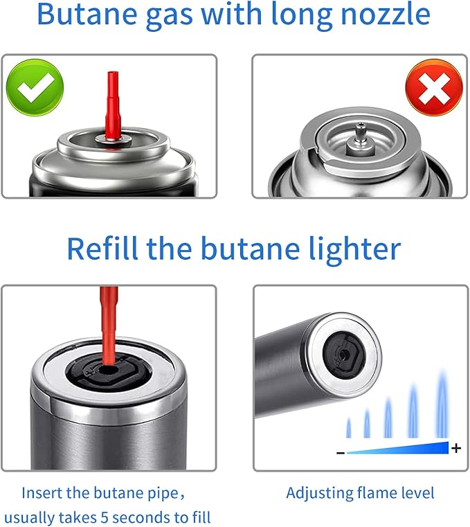 Butane Lighter Torch Long Lighter Adjustable Fire Jet Torch Windproof Refillable Flexible Long Lighter with Visual Fuel Window for Grill BBQS Camping Fireplace 16.55 Inc(Butane Gas Not Included)