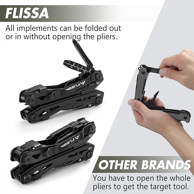 FLISSA 16-in-1 Stainless Steel Multi Tool, EDC Multitool with Pocket Knife, Pliers, Belt Clip and Oxford Sheath, Self-locking Utility Multi-Tool for Camping Survival Outdoor Activities