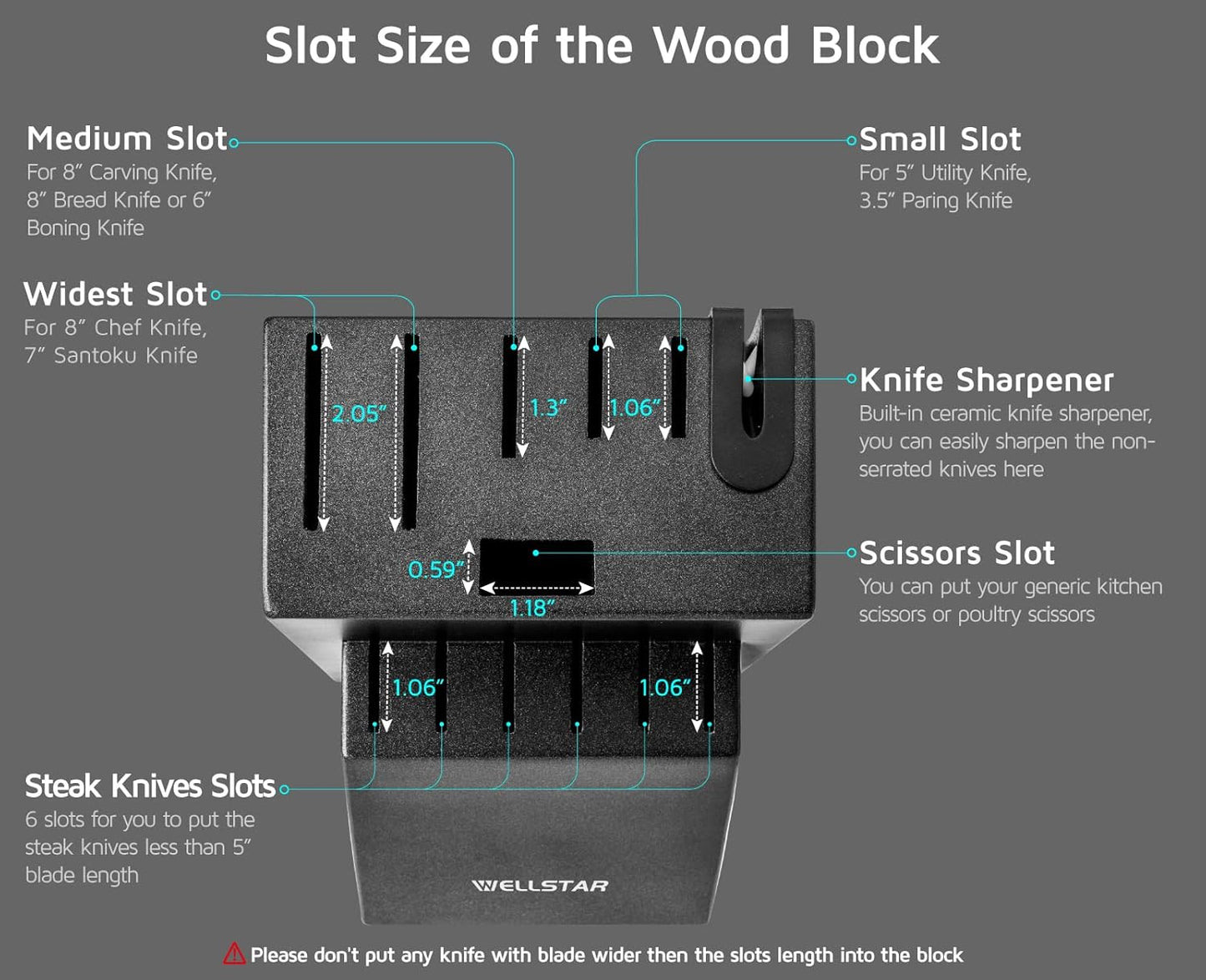 12 Slot Kitchen Knives Block, WELLSTAR Natural Wood Knife Holder without Knives – Hard Wood Countertop Knife Storage with Built-in Knife Sharpener - Black