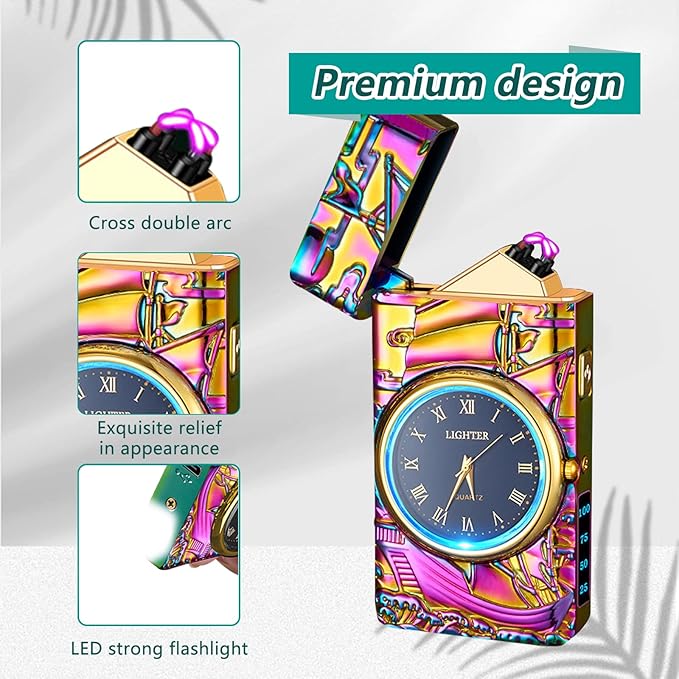 Plasma Lighters Electric Lighters Rechargeable Flameless Windproof Arc Lighter with Clock dial Vintage Cool Lighters for Candles, Incense, Outdoor, Camping (Color