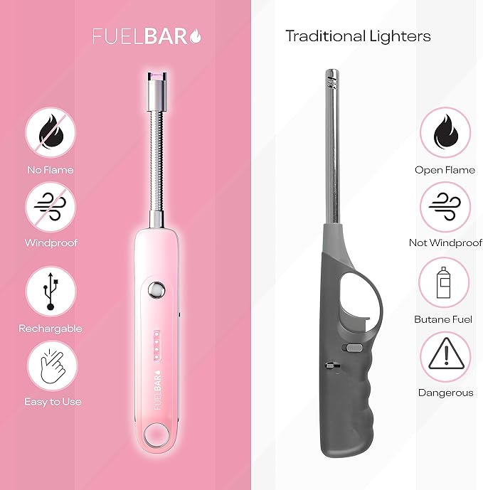 Candle Lighter BBQ Lighter Rechargeable USB Lighter with 360° Flexible Neck and LED Battery Display for Light Candles Gas Stoves Camping Barbecue Fireworks (Pink)