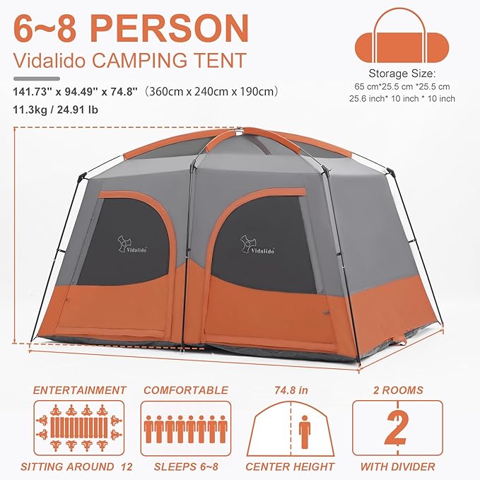 Vidalido Tents,6-8 Person Camping Tent with Extended Vestibule,2 Room Weather Resistant Family Tents,Easy Install Waterproof Outdoor Tent for Backpacking and Camping Hiking