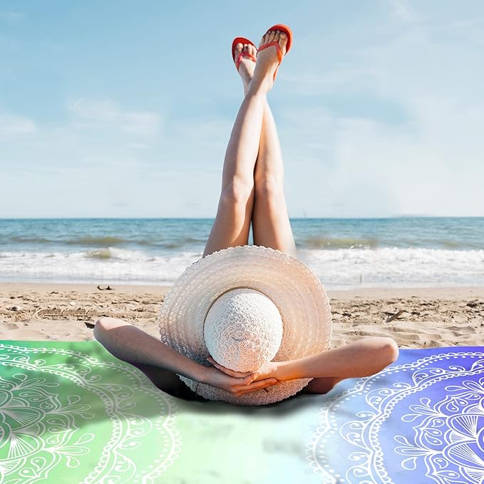 Sunlit Silky Soft 106"x81" Boho Sand Proof Beach Blanket Sand Proof Mat with Corner Pockets and Mesh Bag for Beach Party, Travel, Camping and Outdoor Music Festival, Blue Violet Sea Green Mandala