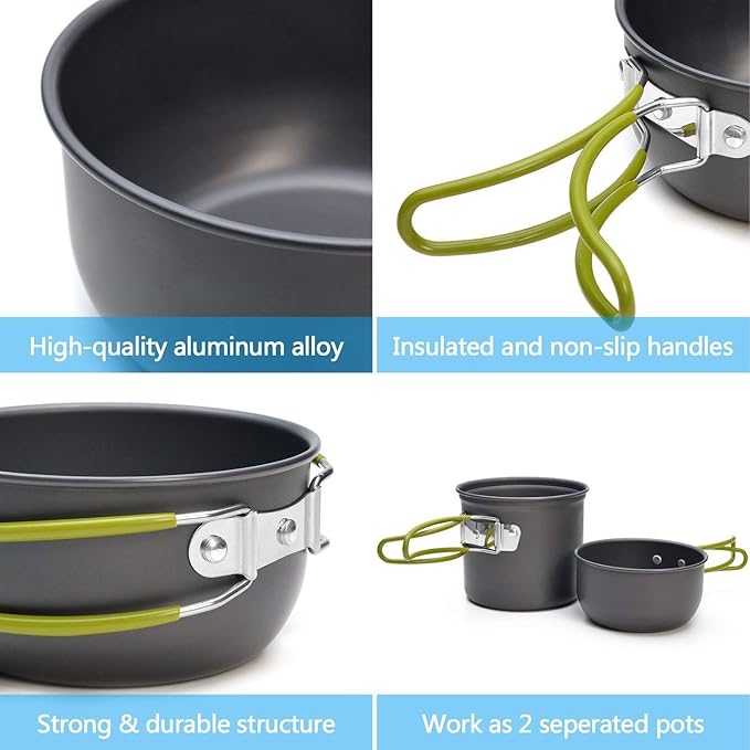 Peidesi Camping Cookware Mess Kit, Portable Camp Stove Pots and Pans Set, Carabiner, Folding Knife, Fork Spoon Kit, Carry Mesh Bag, for Backpacking