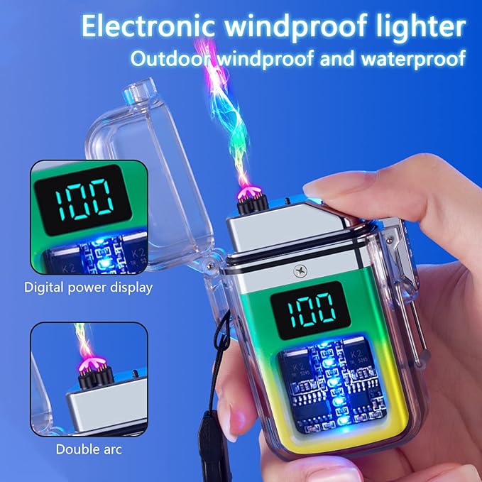 Electric Rechargeable Lighter Transparent Waterproof Dual Arc Plasma Lighter Type-C Rechargeable Lighter Outdoor Windproof Lighter for Outdoor,Camping,Candle and Survival(Yellow and Green)