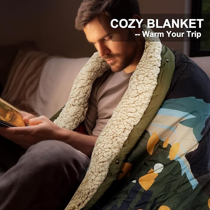 Outdoor Camping Blanket with Sherpa Lining, Extra Warm Thick Camp Blankets & Puffy Ultralight Soft Poncho DWR Camping Quilt for Cold Weather, Adventure,Sleeping,Backpacking 78"x 56"