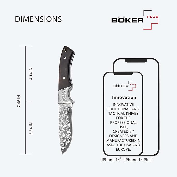 BÖKER PLUS® M-One Damascus hunting knife - fine Damascus knife with fixed blade & leather sheath - bushcraft knife with ebony wood handle - Damascus outdoor knife in gift box