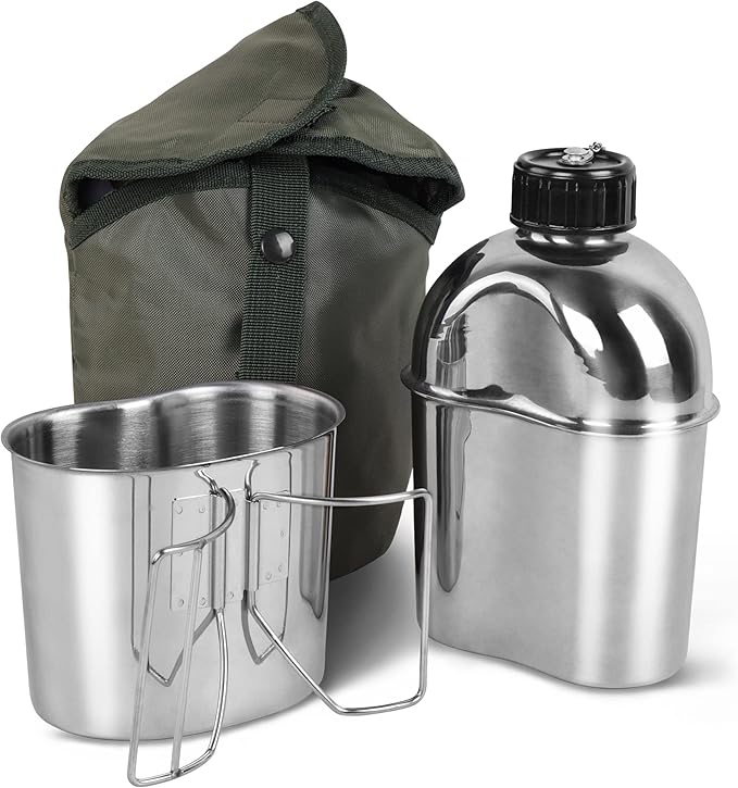 Goetland Stainless Steel WWII US Army Canteen Water Bottler Military Canteen Kit 1.3QT with 0.6QT Cup Nylon Pouch G.I.