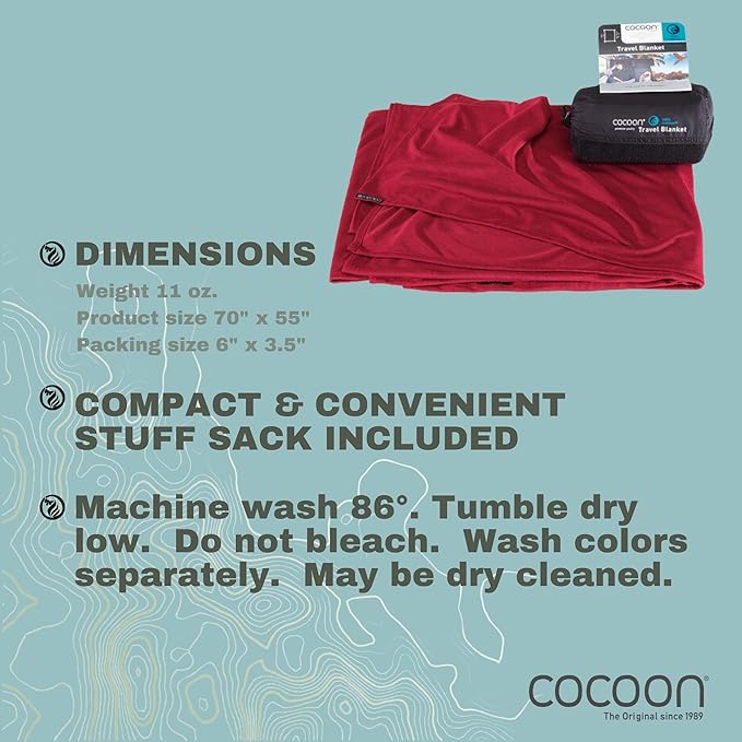 COCOON - Coolmax Travel Blanket | Compact Throw Blanket for Camping and Hiking | Fits in Backpack | Attaches to Luggage | Travel Essential | Fast Drying (Regular 70" x 55")