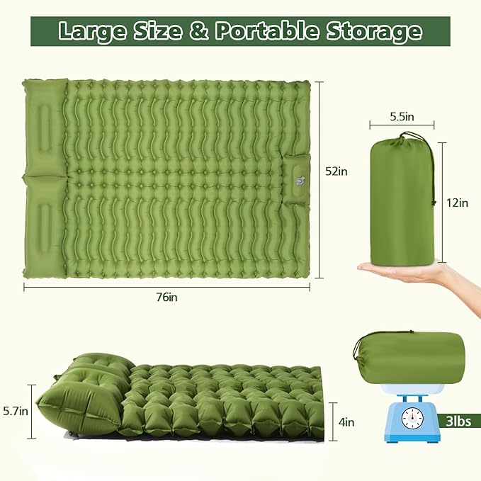 Double Camping Sleeping Pad with Built-in Foot Pump and Pillows Thick Inflatable 2 Person Portable Camping Mat for Hiking Backpacking Tent