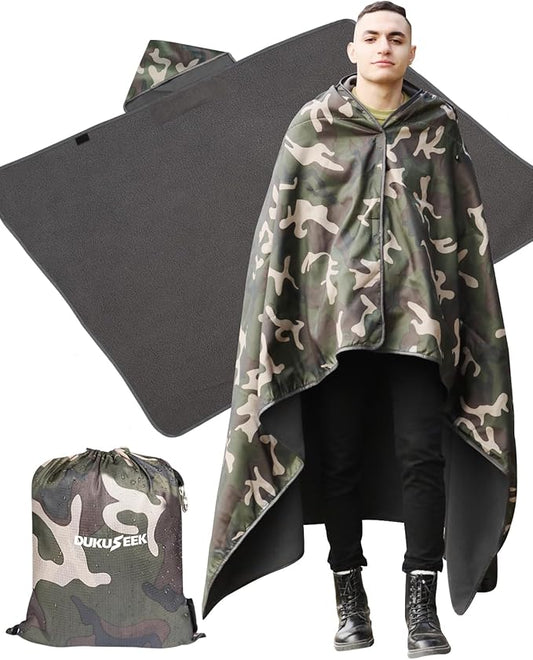DUKUSEEK Hooded Stadium Blanket, Camouflage Waterproof Windproof Outdoor Fleece Blanket - Large (79"x 59"), Portable, Wearable, Warm for Outdoor Hunting, Sporting Events…