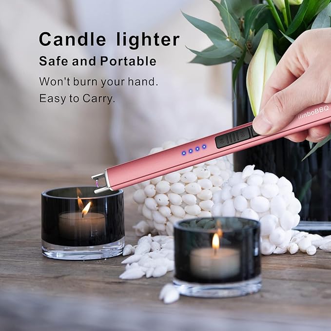 Electric Candle Lighter Camping Lighter USB Rechargeable Lighter Flameless Plasma Windproof Long Lighters for Candle Cooking BBQs Fireworks (Rose Gold)