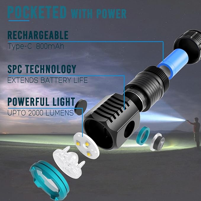 ARCEE Rechargeable Small Flashlight, 2000 Lumens Bright Powerful Aluminium Flashlights for Camping, Hiking, Emergency, Hurricane, Fishing, Power Outage (1 Pack Med)