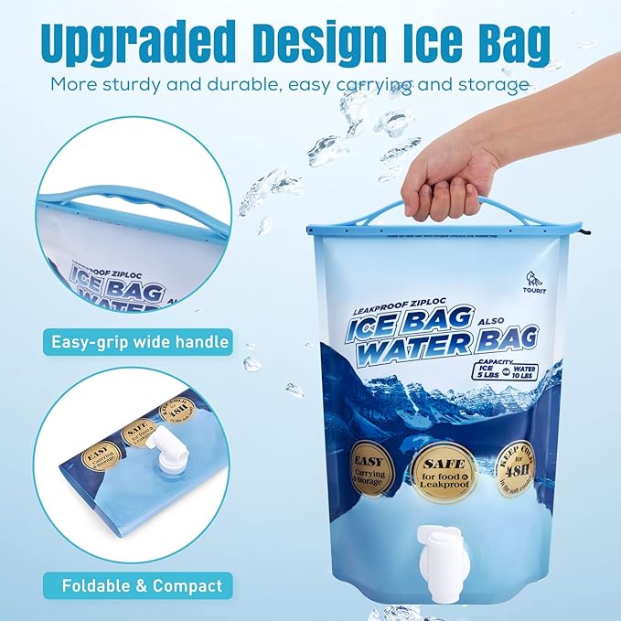 TOURIT Reusable Ice Bag 5lb Ice Pack for Cooler, Bag of Ice Collapsible Water Container with Spigot for Camping, Hiking, Drinking