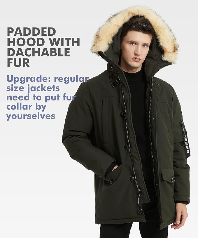 PUREMSX Winter Jackets for Men, Insulated Thick Warm Padded Puffer Coat with Fur Hood
