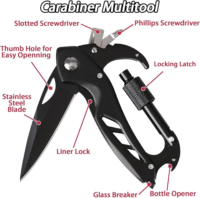 Carabiner with Knife, Multitool Carabiner Pocket Knife, Folding Sharp Knives, Sturdy Handy Tool, Belt Cutter, Bottle Opener, Window Breaker, Screwdriver, for Safety in Car, Camping, Hiking
