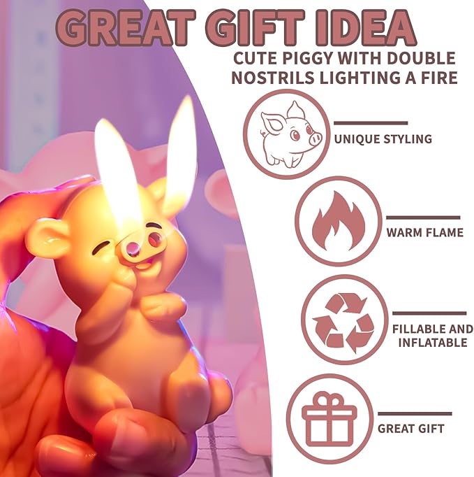 Cute Pink Piggy Shape Dual Soft Flame Butane Torch Lighters Refillable Animal Novelty Lighter for Gifts Fireplace Candle Camping BBQ (Without Gas) (16)