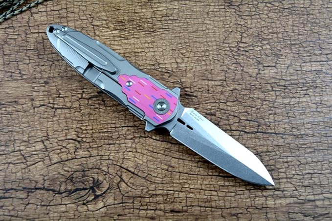 TWO SUN Spear Point 14C28N Folding Blade Hunting Knives Flipper Fast Open TC4 Titanium Handle TS514, pink