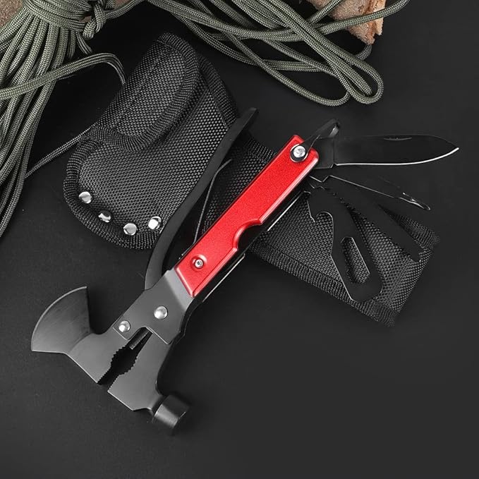 Multitool Axe Hammer Camping Tool, 14 in 1 Stainless Steel Multi tool with Hammer Axe Knife Plier Screwdrivers Saw Bottle Opener (Red) and Durable Sheath for Men Gifts